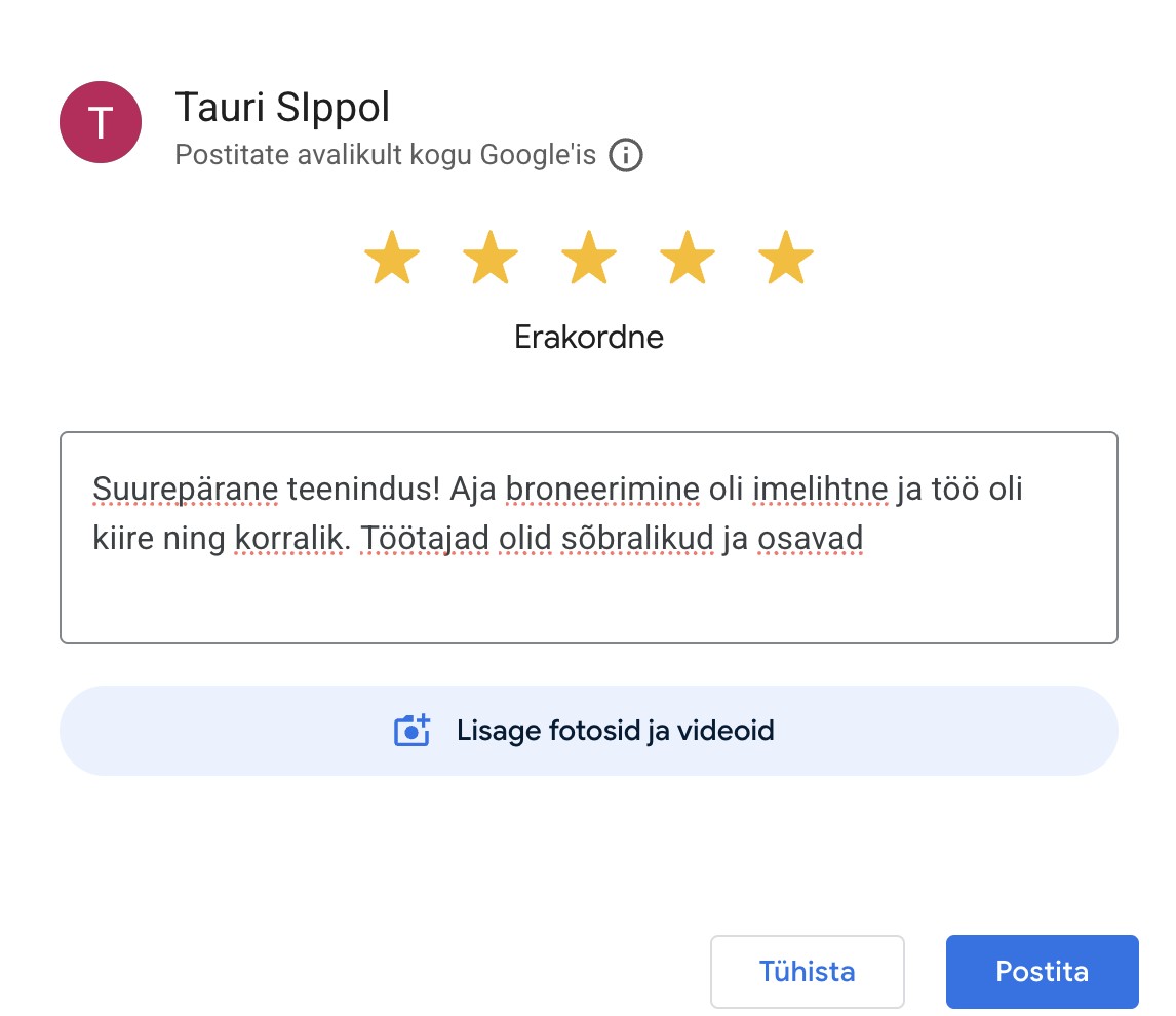 Päris Google'i arvustus, mille klient jättis otse lehelt